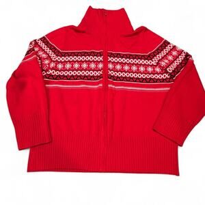 Josephine Chaus Ruby Red Fair Isle Full Zip Sweater XL Vintage Style Knit